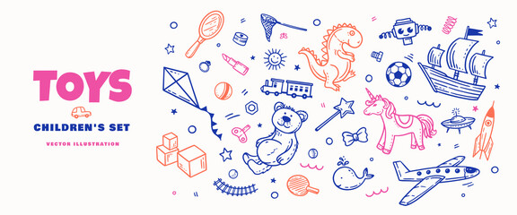 Banner with a large set of children's toys in linear style. Airplane, ship, rocket, dinosaur, soccer ball, whale, bear, dinosaur, locomo􀆟ve, cubes, unicorn on light background. Vector illustra􀆟on.