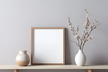 Empty wooden picture frame mockup on a wall with flower vase