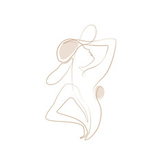 Lady in hat silhouette one single line, element design logo. Beautiful woman continuous line drawing, isolated on white background vector illustration.  