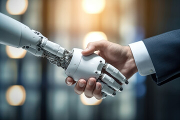 Human and robot handshake on digital background, AI and machine learning business deal