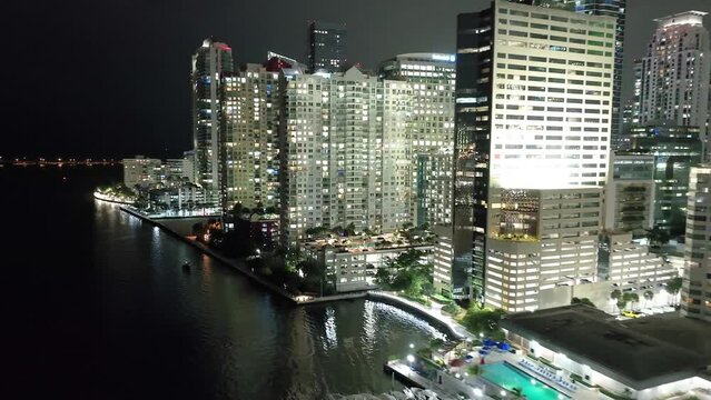 Aerial shot of the tall buildings downtown Miami Florida at night