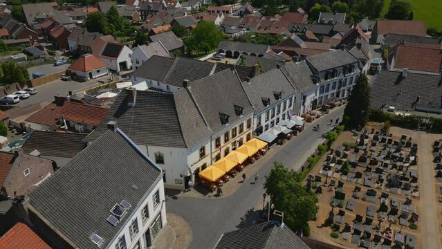Drone shot over Thorn, Maasgouw in Limburg over the Pancake House bakery with view of the historic Dutch buildings
