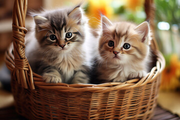 Two cute kittens are sitting in a wicker basket against the background of flowers.Generative AI