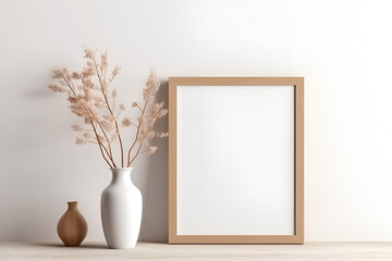 Fototapeta na wymiar Empty wooden picture frame mockup on a wall with flower vase
