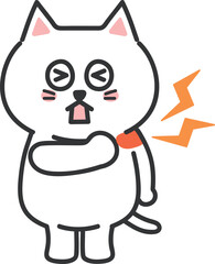 White cartoon cat has a sore shoulder, vector illustration.