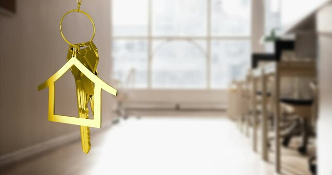 Animation of hanging golden house keys against interior of a classroom