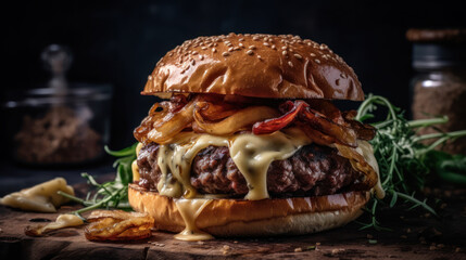 The photo showcases a mouthwatering burger that is a true feast for the senses. The juicy, perfectly grilled patty is nestled between two toasted buns, topped with melted cheese that oozes with delici