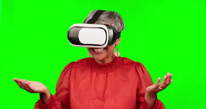Virtual reality, green screen smile and woman with VR headset, augmented reality and happy for digital transformation. Chroma key metaverse, wow experience and future person on studio background