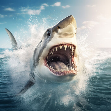 shark with open mouth jumping out in the sea