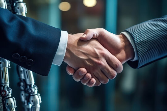Men handshake on digital background, AI and machine learning business 