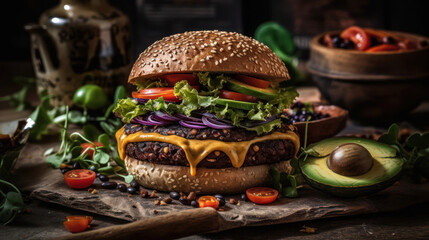 The photo showcases a mouthwatering burger that is a true feast for the senses. The juicy, perfectly grilled patty is nestled between two toasted buns, topped with melted cheese that oozes with delici