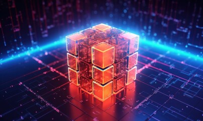Fototapeta premium Blockhain Technology Background, Decentralized networks Concept, Encrypted blocks Security. Generative Ai