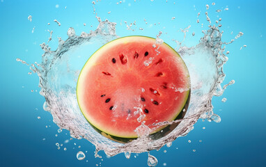 Fresh watermelon and splashing water,created with generative ai tecnology.