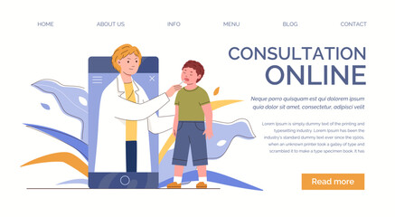 Medical online service for pediatrics. Remote access to doctor by phone or via Internet. Therapist works with children. Vector characters flat cartoon illustration. Landing page template. 