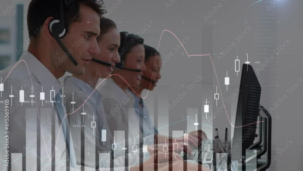 Poster animation of graphs over diverse customer service representatives working on computer at office