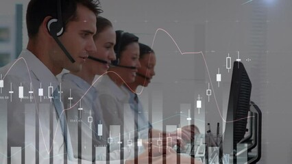 Animation of graphs over diverse customer service representatives working on computer at office - Powered by Adobe