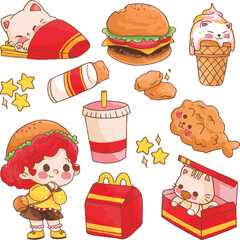 Fast food element and cute girl with cat fried chicken burger ice-cream