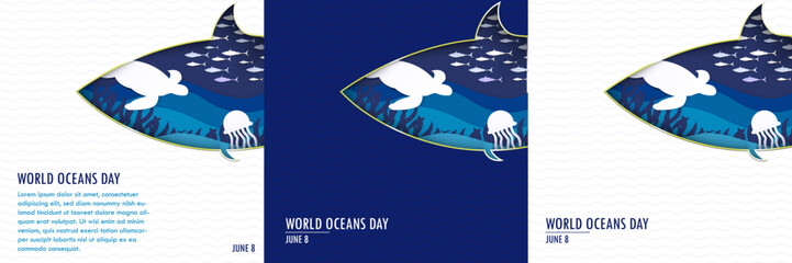 Set of World Oceans Day Paper Art Concept. Square format template with copy space. Blue paper origami ocean inside fish-shaped frame with turtle, jelly fish, and fish. 3D.Vector Illustration. June 8.