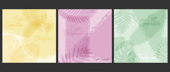 A set of backgrounds with tropical plants. A minimalist layout for covers, paintings, interior prints, posters and creative design