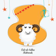 Eid-Ul-Adha Mubarak Greeting Card with Paper Cartoon Sheep, Hanging Stars, Gift Box, Bunting Flags Decorated on Orange and White Background.