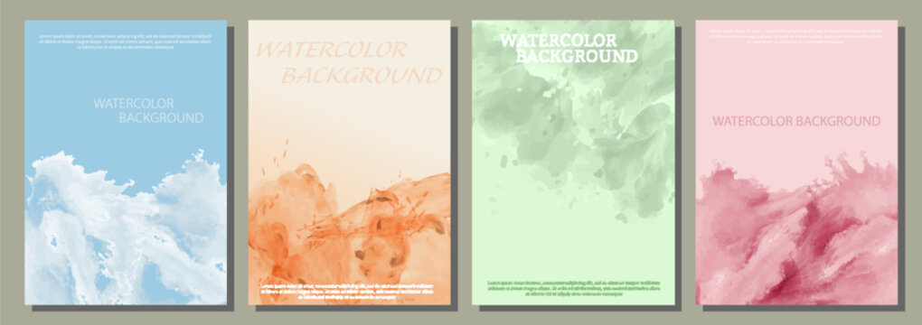Watercolor background. A set of layouts for the design of postcards, invitations, covers, posters, flyers, posters and creative creative design