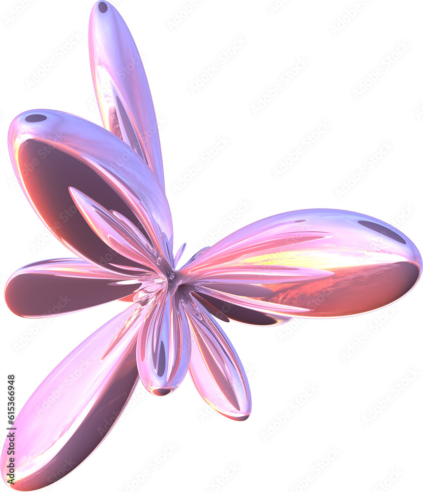 Poster 3d abstract metal chrome flower in a surreal style with a transparent background