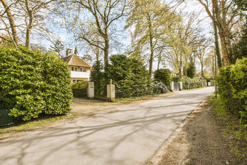 a street with trees and bushes on both sides, in the background is a white house surrounded by green foliage