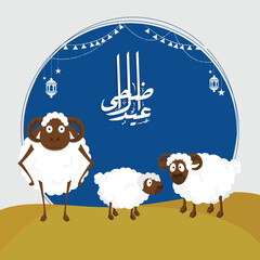 Muslim Community Festival of Sacrifice, Eid-Al-Adha Celebration Poster Design with White Arabic Calligraphy Text, Three Cartoon Sheep Standing on Blue and Yellow Background.