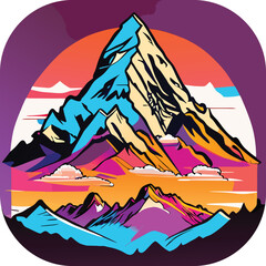 Vector wallpaper with a landscape, a mountain majestic mountain range with snow-capped peaks and sprawling glaciers, poster art , richly colored skies.