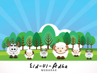 Eid-Ul-Adha Mubarak Greeting Card with Group of Cartoon Sheep Standing on Nature View and Blue Rays Background.