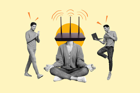 Creative Composite Illustration Collage Headless Girl Meditation Share Free Wifi Router People Connection Isolated On Yellow Background