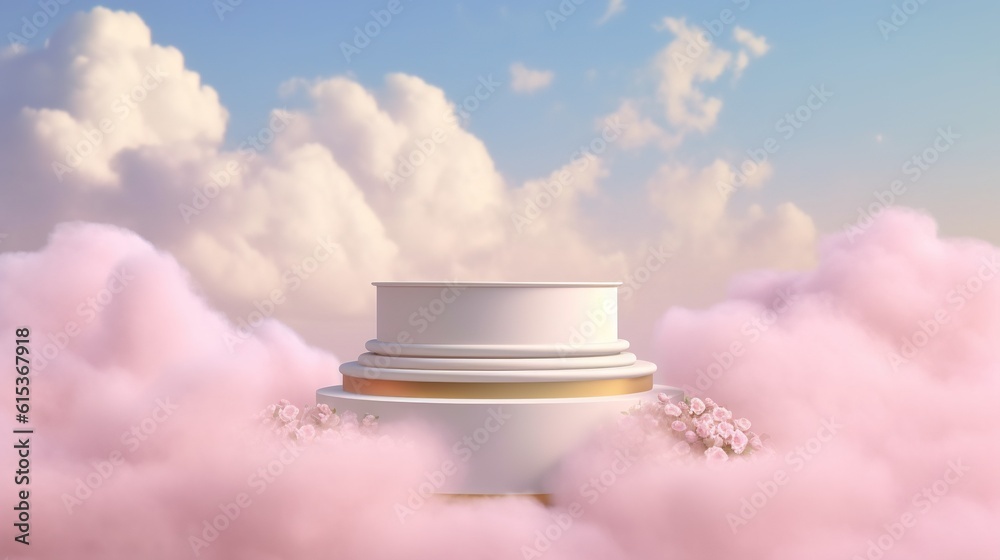 Wall mural clouds on the sky with display stand. romantic podium backdrop for product display. generative ai