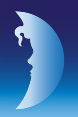 Crescent moon with human profile on the night sky