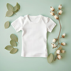 Mockup of a White Children T-shirt in a Sage Background Surround by Flowers and Leafs