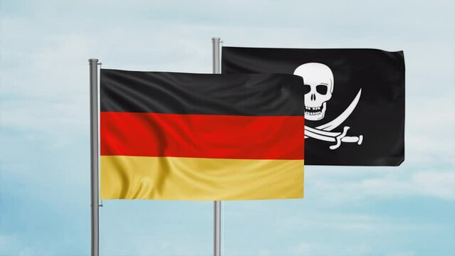 Germany flag and corsair flag waving together in the wind on blue sky, cycle looped video