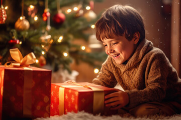 Fototapeta na wymiar Kid opening Christmas gift, happy, christmas, eve, present, box, holidays, children