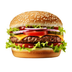 Fresh tasty burger isolated on transparent white background. Juicy cheeseburger fastfood with beef...