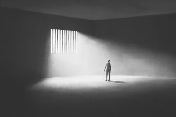 Illustration of prisoner looking the light coming from outside the bars, abstract redemption concept - 615369502