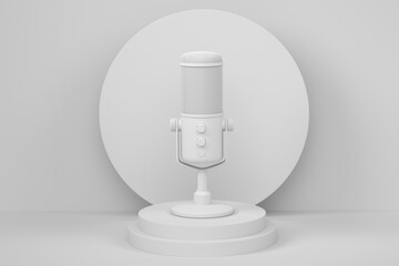 Studio condenser microphone on cylinder podium with step on monochrome