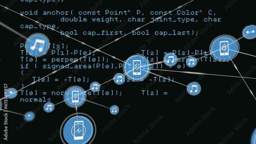 Poster animation of icons connected with lines over looping computer language against black background