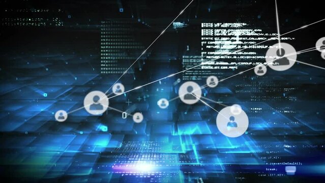 Animation of connected icons over binary codes and computer language on illuminated abstract pattern