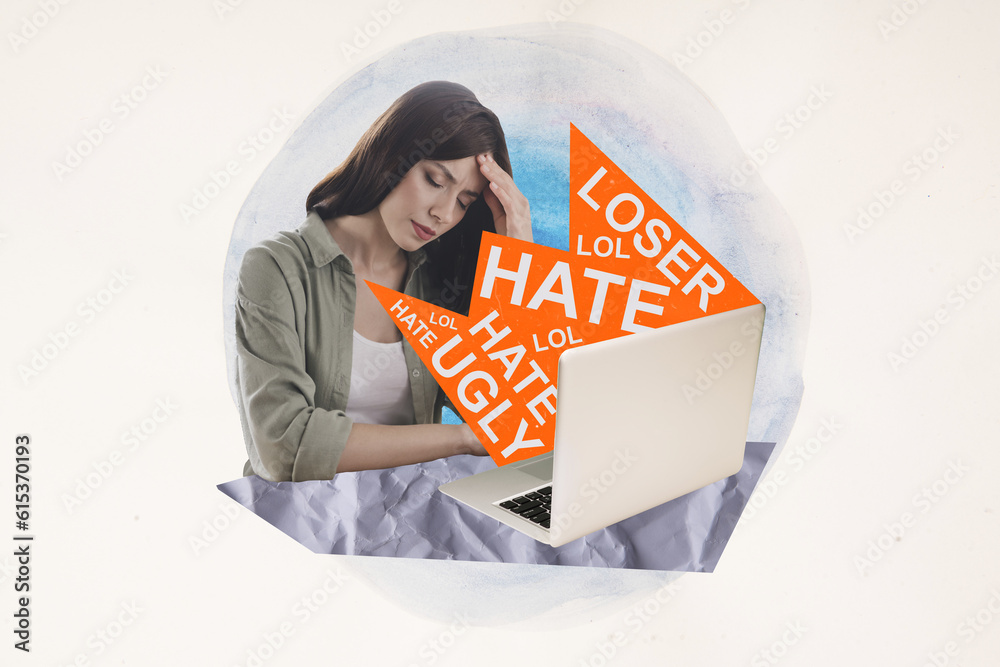 Poster Creative collage image of unsatisfied stressed girl use netbook receive hate loser lol ugly message social network isolated on white background