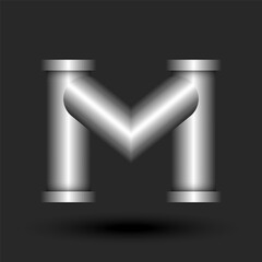 Letter M logo monogram 3d metallic line pipe shape construction with flanges, silver colored creative typography identity, logotype industrial style design.