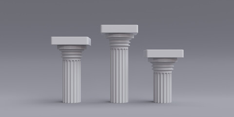 Three white winner podium on empty grey background. Classical Doric rhythm, copy space. 3d render
