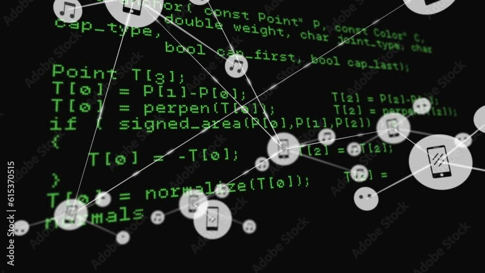 Poster animation of icons connected with lines over looping computer language against black background
