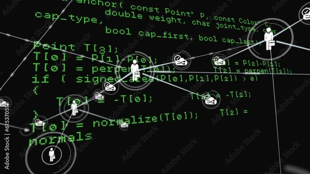 Poster animation of connected profile icons over looping computer language against black background