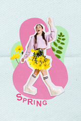 Vertical collage picture of pretty positive girl walking arm palm waving hello daisy flowers skirt isolated on paper spring background