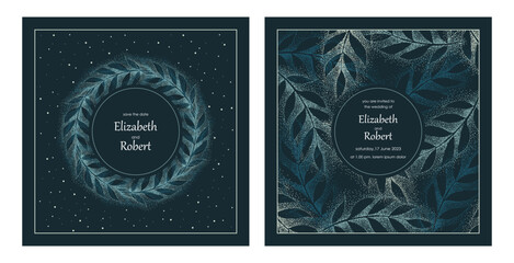 Wedding invitation card template design. Hand drawn foliage in dotted flat style.