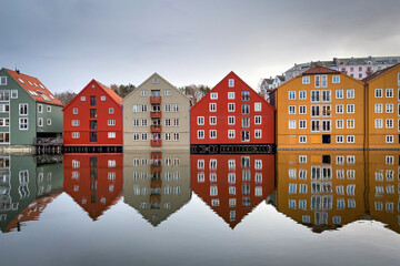 Colorful historic timber storehouses in Trondheim, Norway in winter