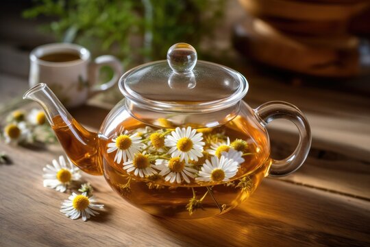 Chamomile tea in a teapot on a wooden background. Generative AI